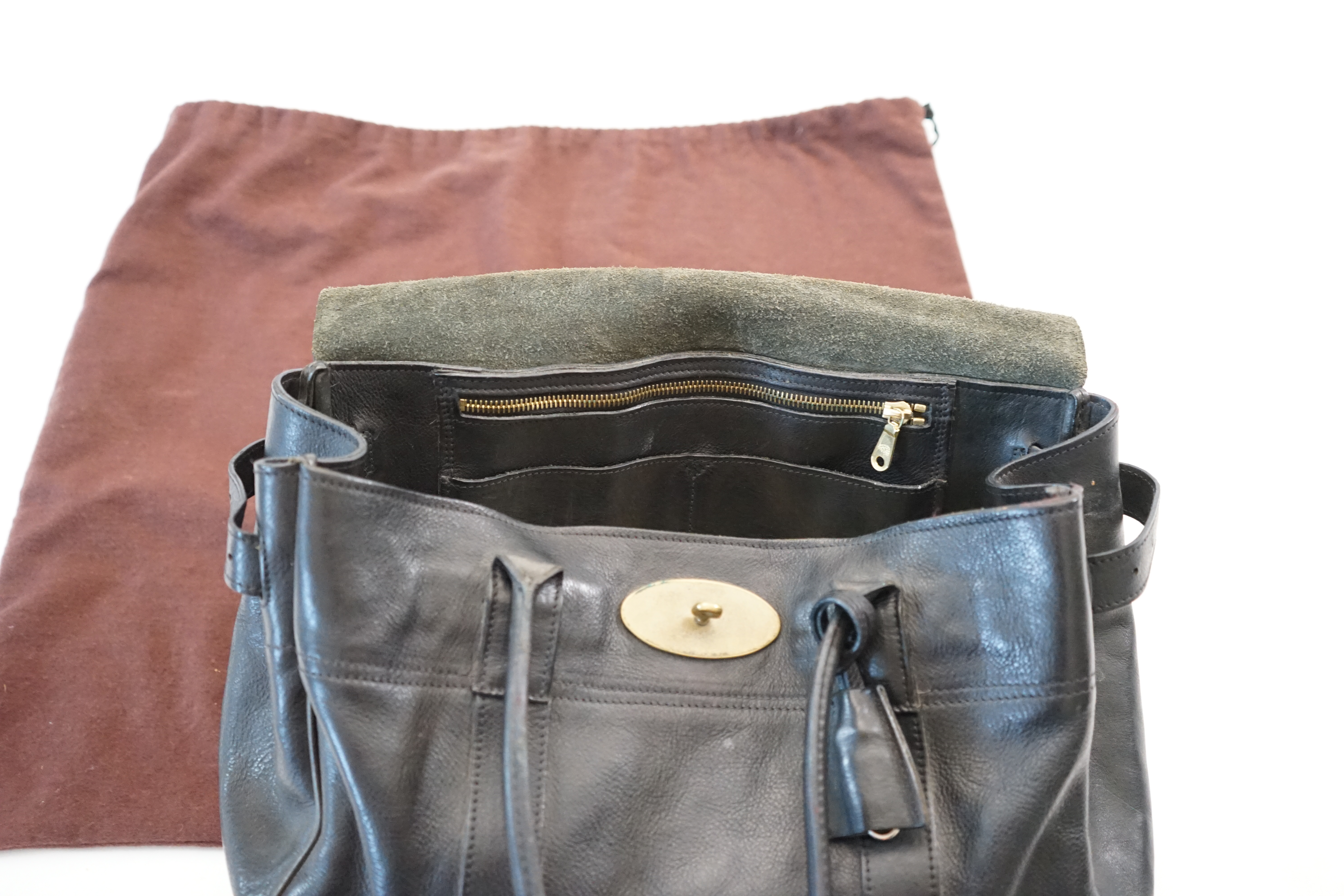 A Mulberry black leather and brass Bayswater handbag, width 36cm, depth 14cm, height 22cm